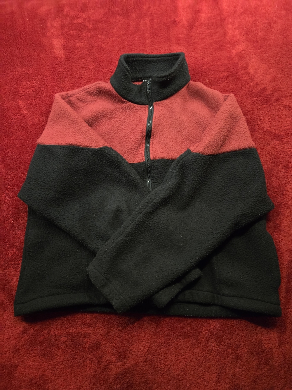 Two-Tone Red and Black Zip Up Fleece Sweater